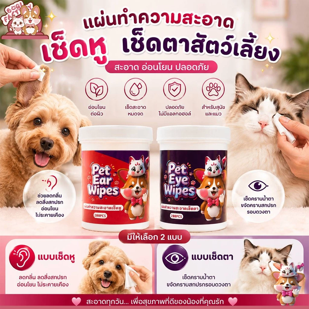 Boqi Factory ผ้าเช็ดทำความสะอาดสัตว์เลี้ยง ตา หู แบบอ่อนโยน สำหรับแมวและสุนัข 200 ชิ้น LZ999
