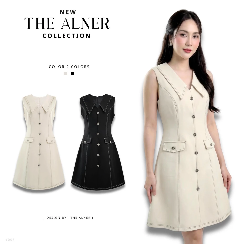 Thealner-AN008 (เดรสคอปกแขนกุดแต่งกระดุมหน้า)
