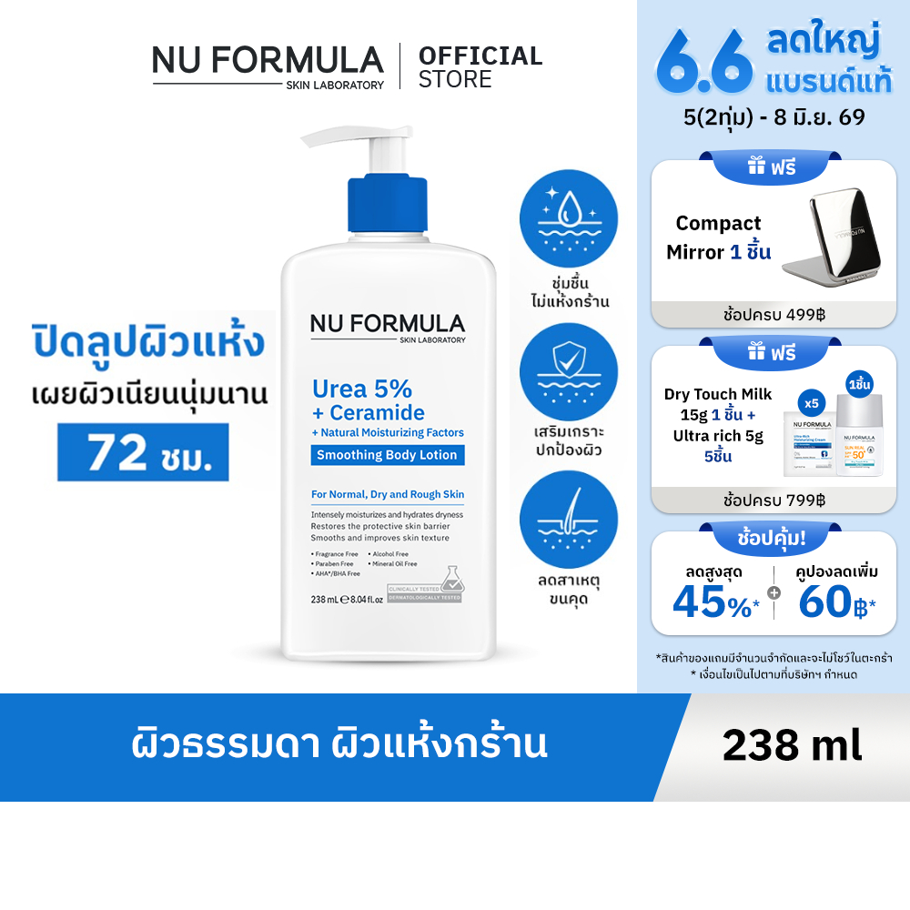 NU FORMULA Urea 5% + Ceramide + Natural Moisturizing Factors Smoothing Body Lotion บางเบาซึมไว