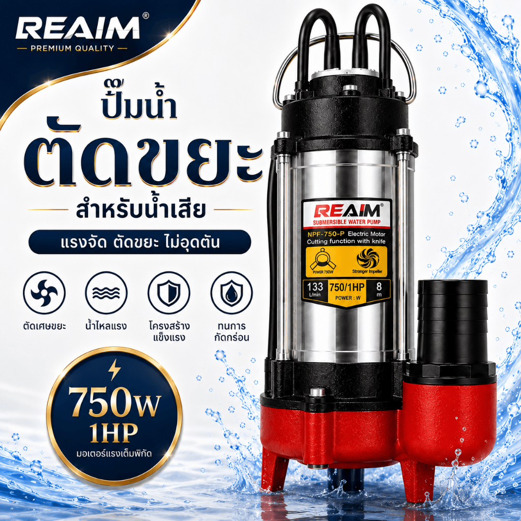 REAIM ไดโว่ดูดโคลน750W ปั้มแช่ดูดโคลน ปั๊มแช่ไฟฟ้า มอเตอร์ทองแดงแท้ ประสิทธิภาพที่มั่นคง ไหลขนาดใหญ่ ปั๊มน้ำ