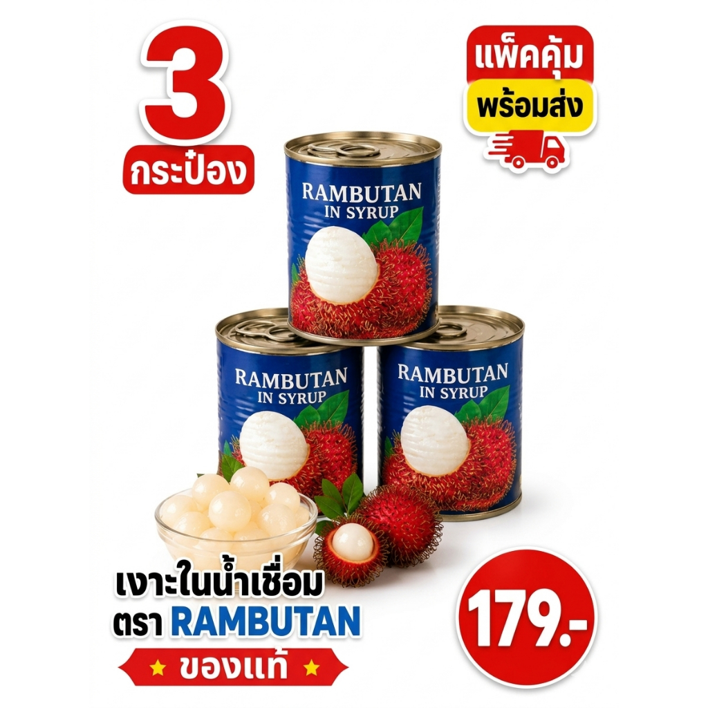 ลูกเงาะในน้ำเชื่อม จิงโจ้ แพ็ก3 กระป๋อง ราคาส่ง พร้อมส่ง