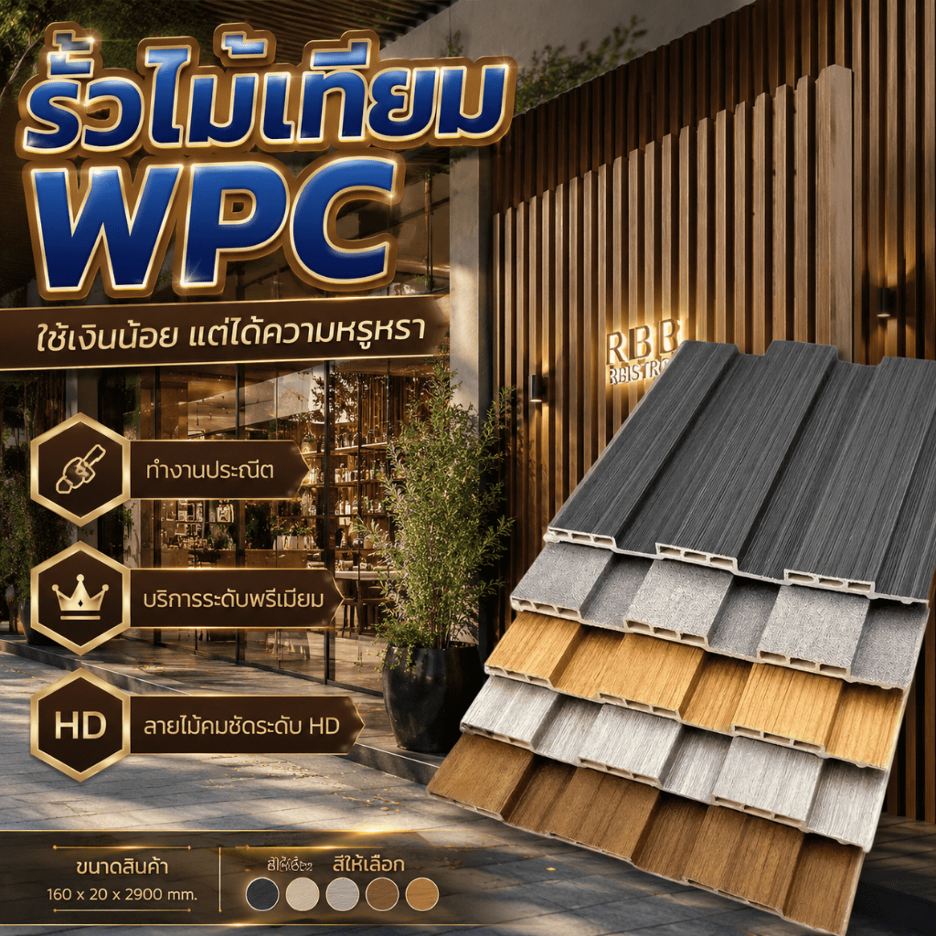 10แผ่น/กล่อง แต่งบ้านหรูง่าย ไม้ระแนงเทียม WPC กว้าง155มม หนา7.5มม สีไม้ธรรมชาติ กันน้ำ ติดตั้งง่าย แข็งแรง ทนทาน กำแพง