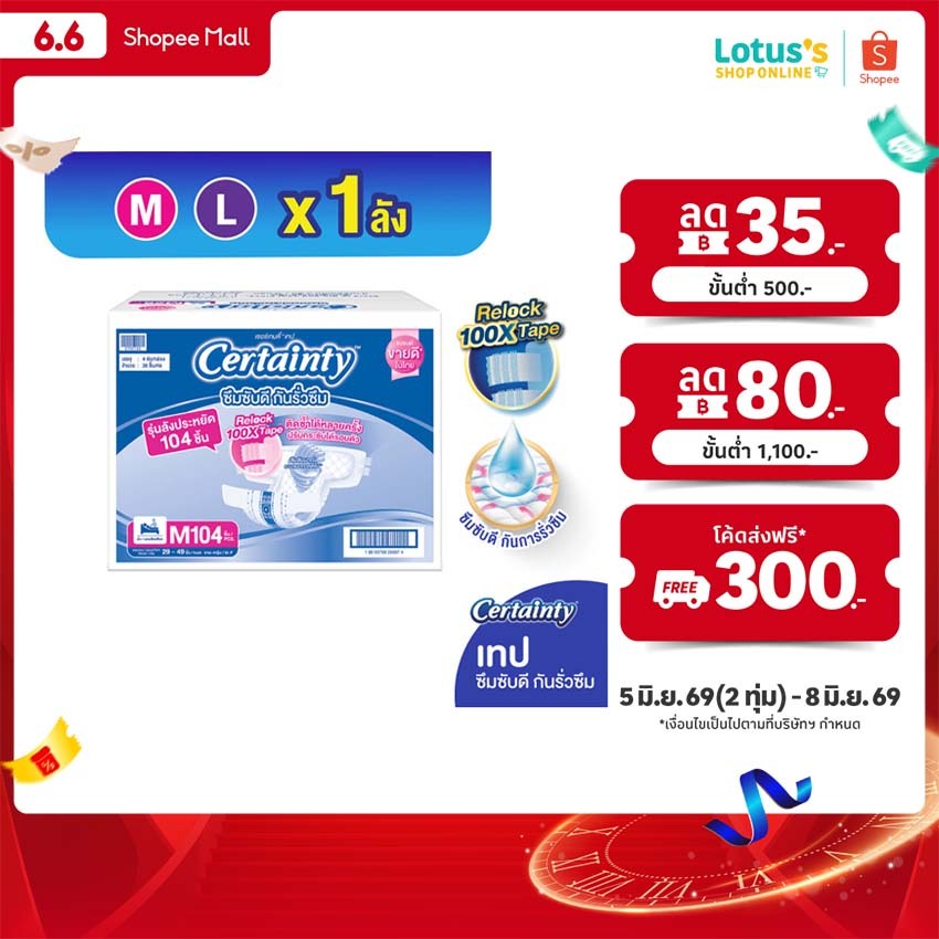 เซอร์เทนตี้ ผ้าอ้อมผู้ใหญ่แบบเทป ลัง Super Save ราคาประหยัด CERTAINTY TAPE SUPER SAVE BOX