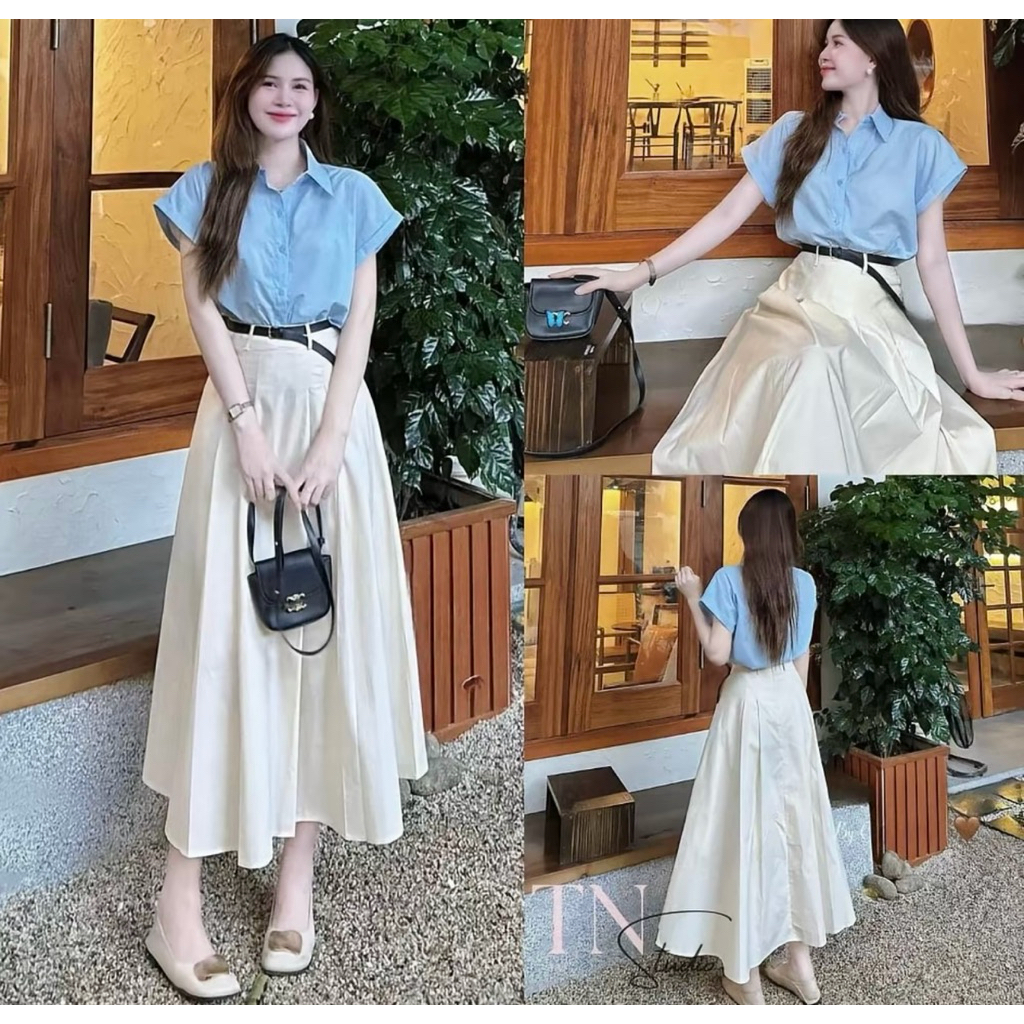 เซตเสื้อฟ้า+กระโปรงสีขาว มีซับใน  เดรสน่ารักๆ สไตล์เกาหลี