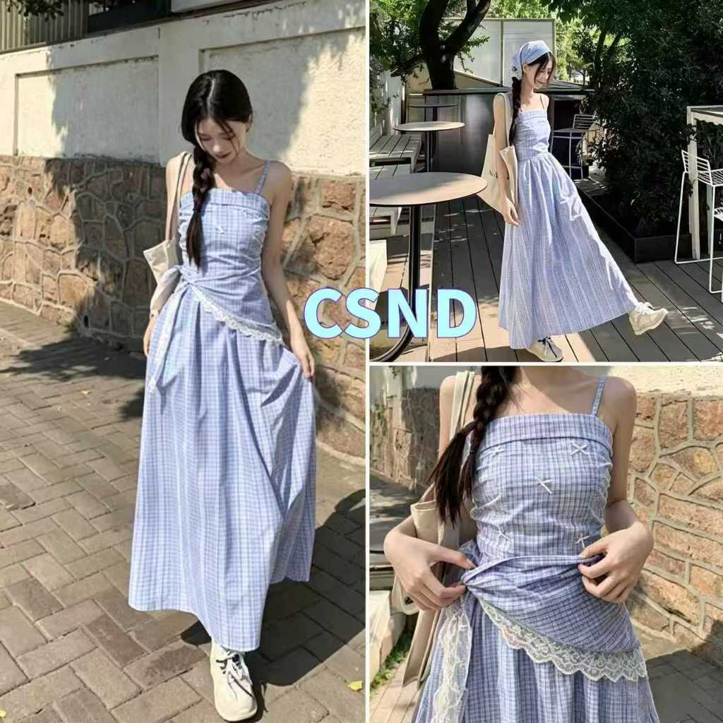 💕【CSND】เดรสเกาะอกลายสก็อตสีฟ้า สไตล์ฝรั่งเศส มีสายรัดเอว ใส่เที่ยวทะเลหรือวันหยุด เนื้อนิ่ม ระบายอากาศดี
