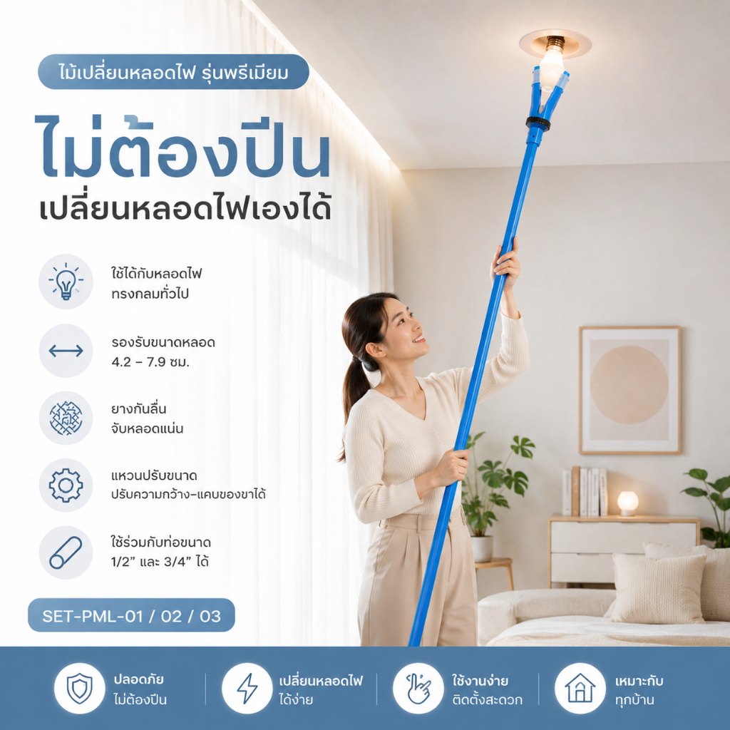 รุ่นใหม่จ้า🔧 ชุดเปลี่ยนหลอดไฟ ปรับขนาดได้ รุ่น Premium ใช้งานง่าย ไม่ต้องขึ้นบันได