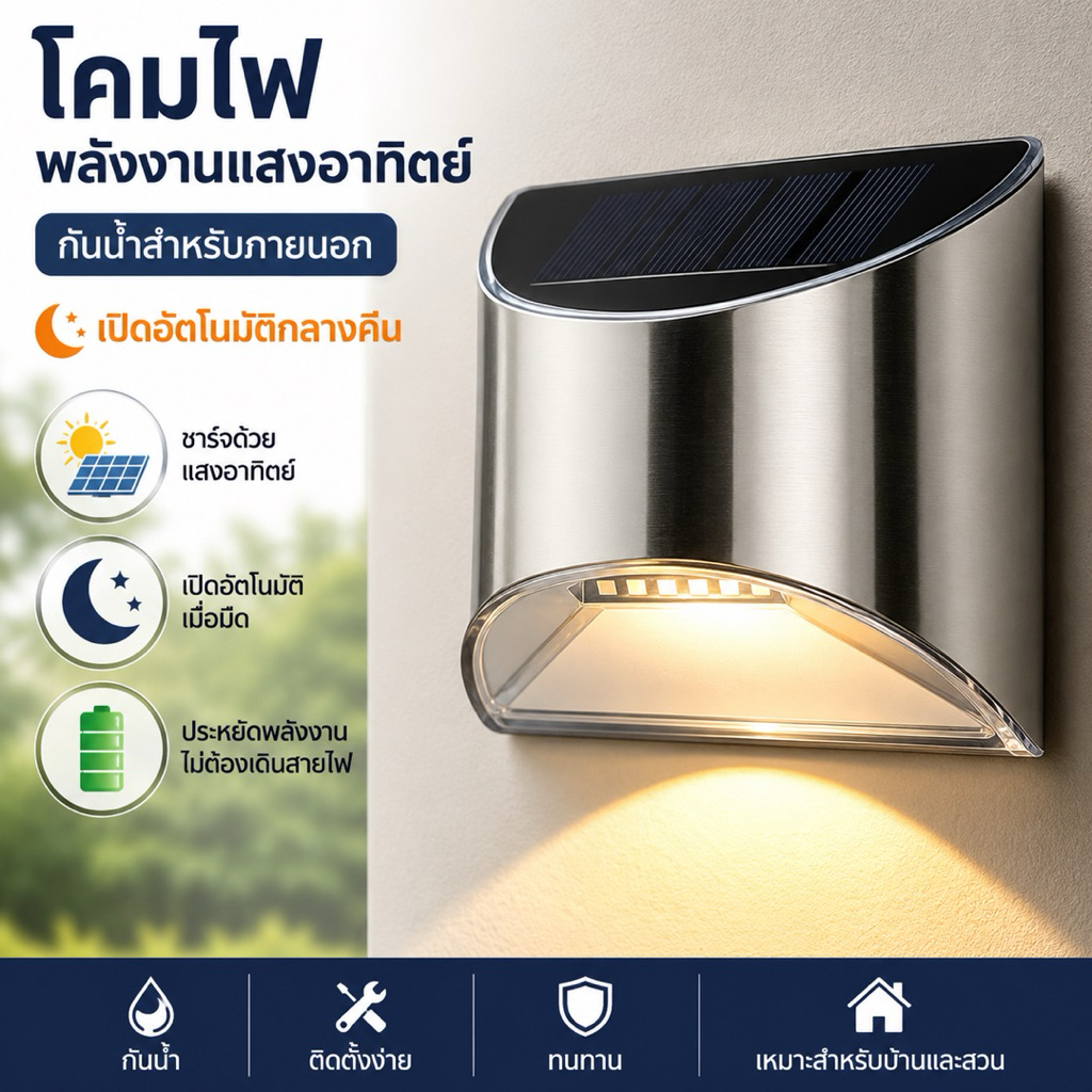 โคมไฟติดผนังพลังงานแสงอาทิตย์ LED สแตนเลส กันน้ำ ไฟทางเดิน ไฟรั้วบ้าน ไฟบันได เปิดอัตโนมัติ Solar Wall Light