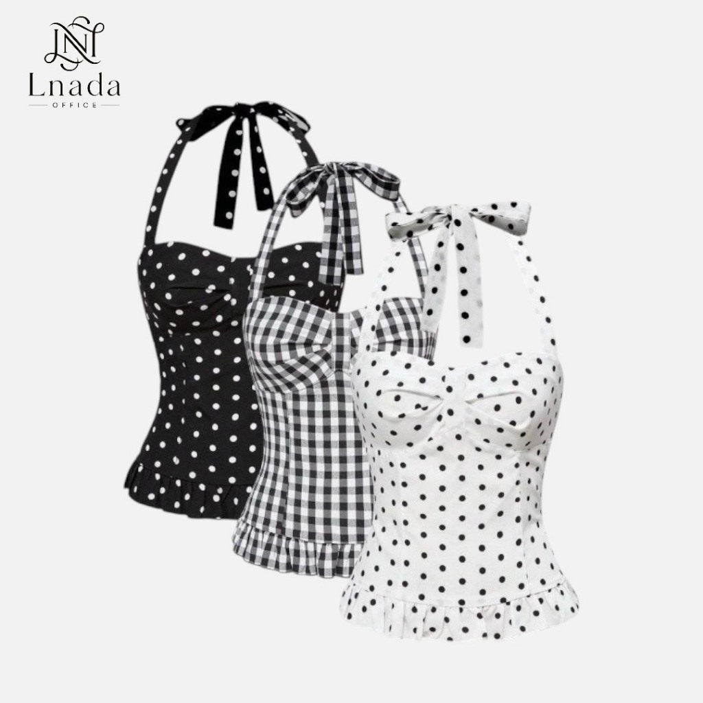 L'NADA【พร้อมส่ง】เสื้อสุดคิวท์ดีไซศ์ผูกโบว์คอฮอลเตอร์ ชายระบาย  เพิ่มความหวานเแมทซ์ง่ายทุกชุด มี3ลาย