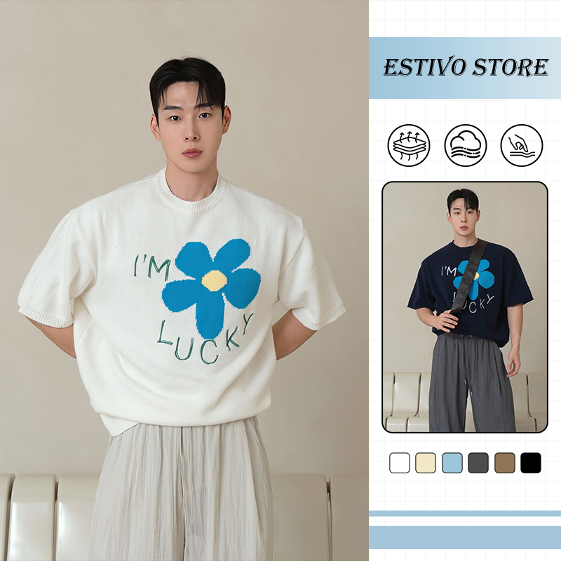 เสื้อถักปักลายเกาหลี ปกกลางครึ่งแขน ทรงหลวม ผ้านุ่มระบายอากาศ