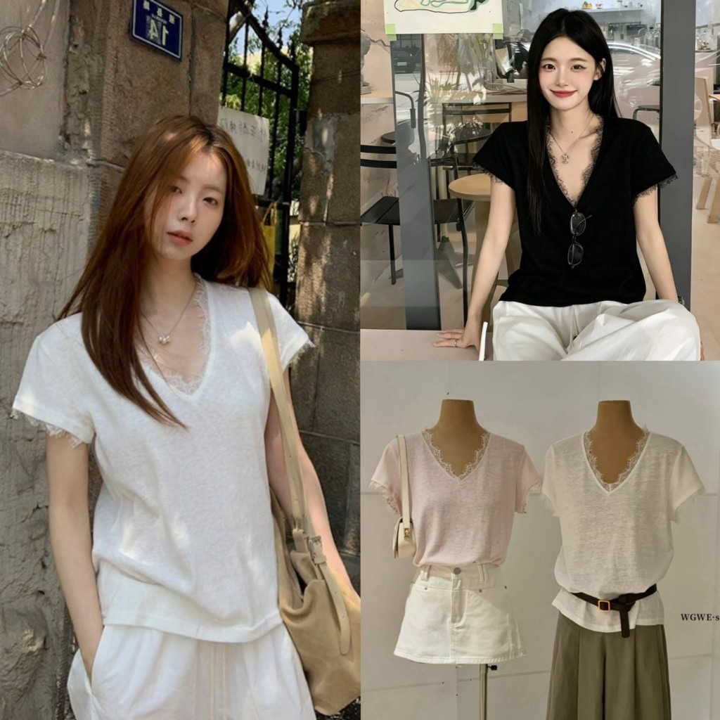 (พร้อมส่ง) Luna Lace Tee เสื้อยืดคอวีแต่งลูกไม้ช่วงขอบ - 9873 TAG WG.WE 🇰🇷
