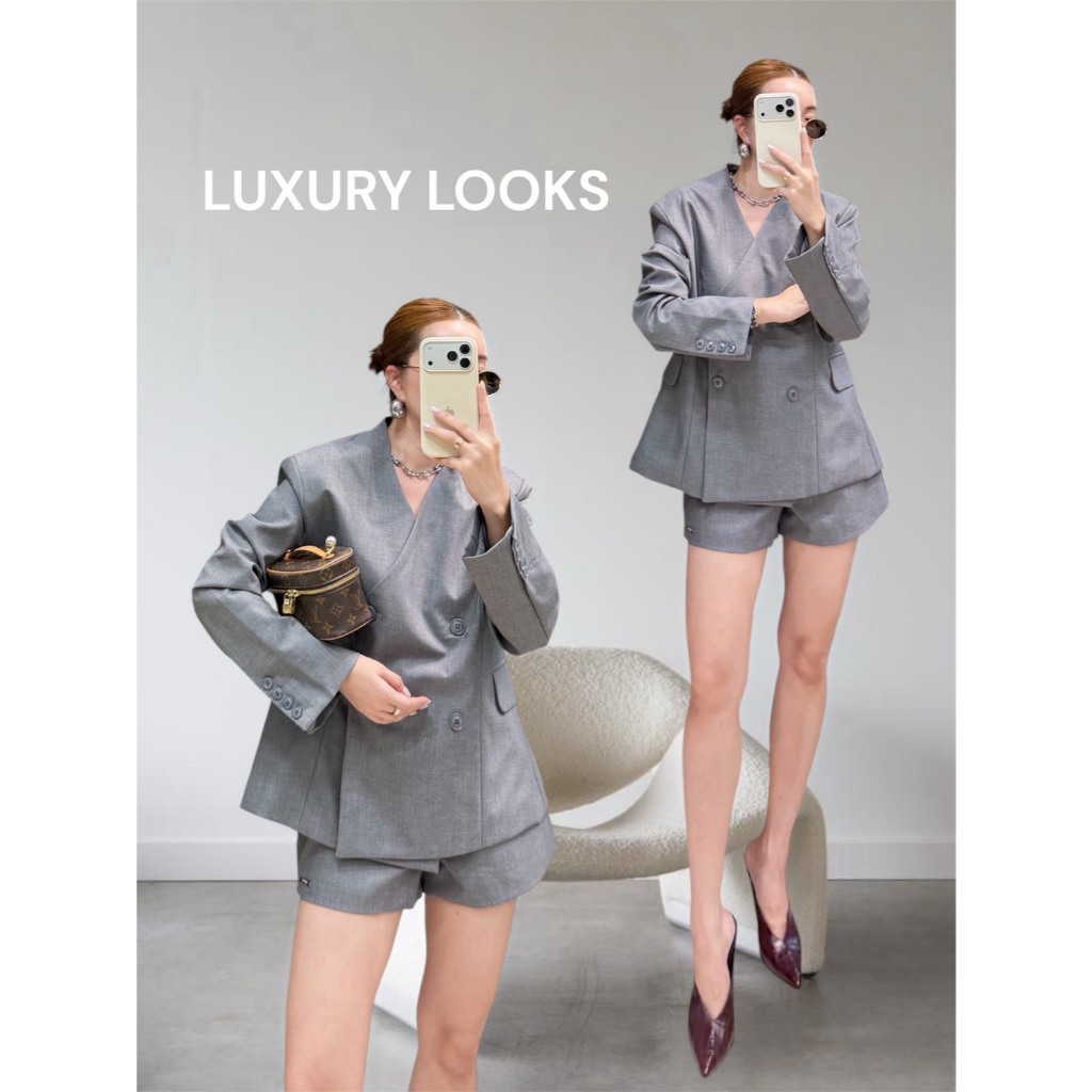 เซตสูทผู้หญิง 2 ชิ้น Luxury Looks เบลเซอร์โอเวอร์ไซซ์ + กางเกงขาสั้น สีเทา สไตล์เกาหลี Old Money ใส่ออกงาน ทำงาน คาเฟ่