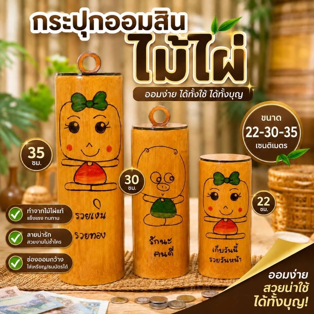 ออมสินไม้ กระปุกออมสินไม้ไผ่ ขนาดความสูงประมาณ 8 นิ้ว ออมสิน ออมเงิน หลากหลายลายคละลาย ของฝาก ของขวัญ ของขวัญปีใหม่