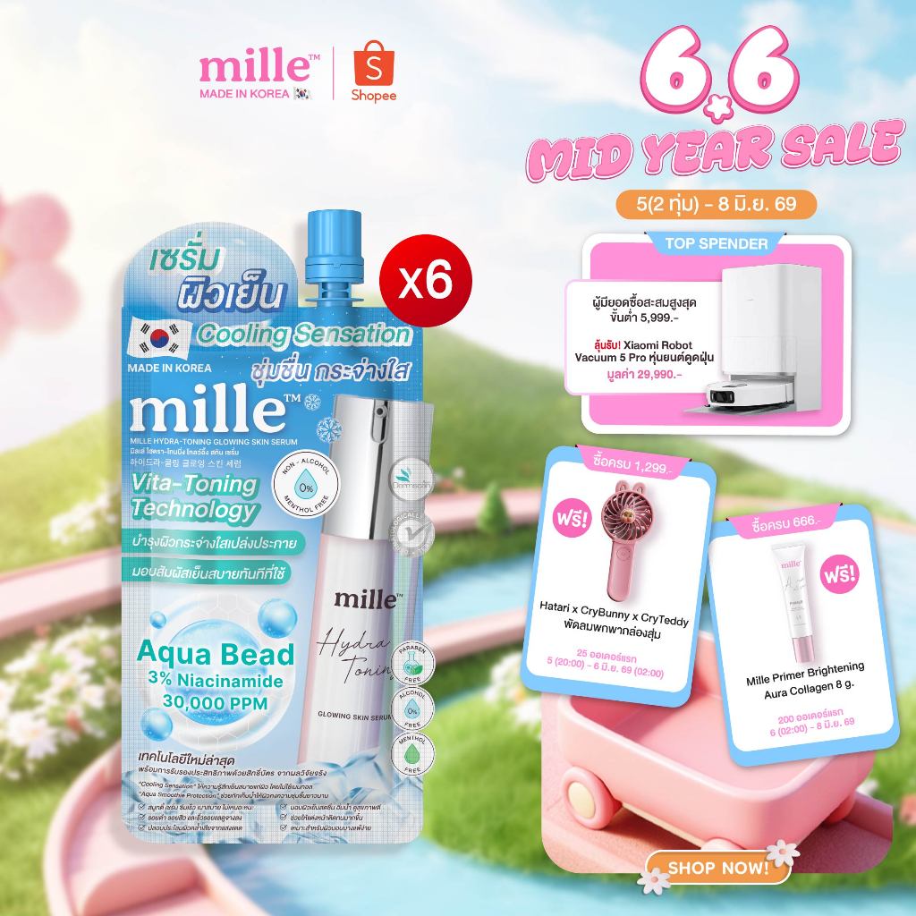 [6 ซอง] Mille Hydra-Toning Glowing Skin Serum 10ml มิลเล่ เซรั่มลดอุณหภูมิผิว -3°C