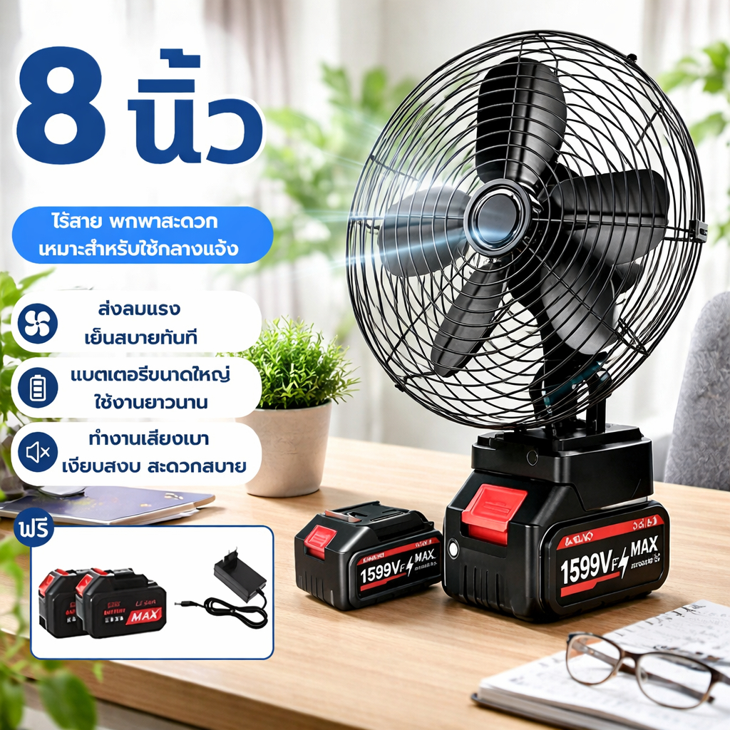 ✨การรับประกัน 20ปี✨ พัดลมแบตเตอรี่ไร้สาย 8นิ้ว ปรับได้ 2สปีด พัดลมพกพา พัดลมตั้งโต๊ะ พัดลมแบตเตอรี่ไร้สาย