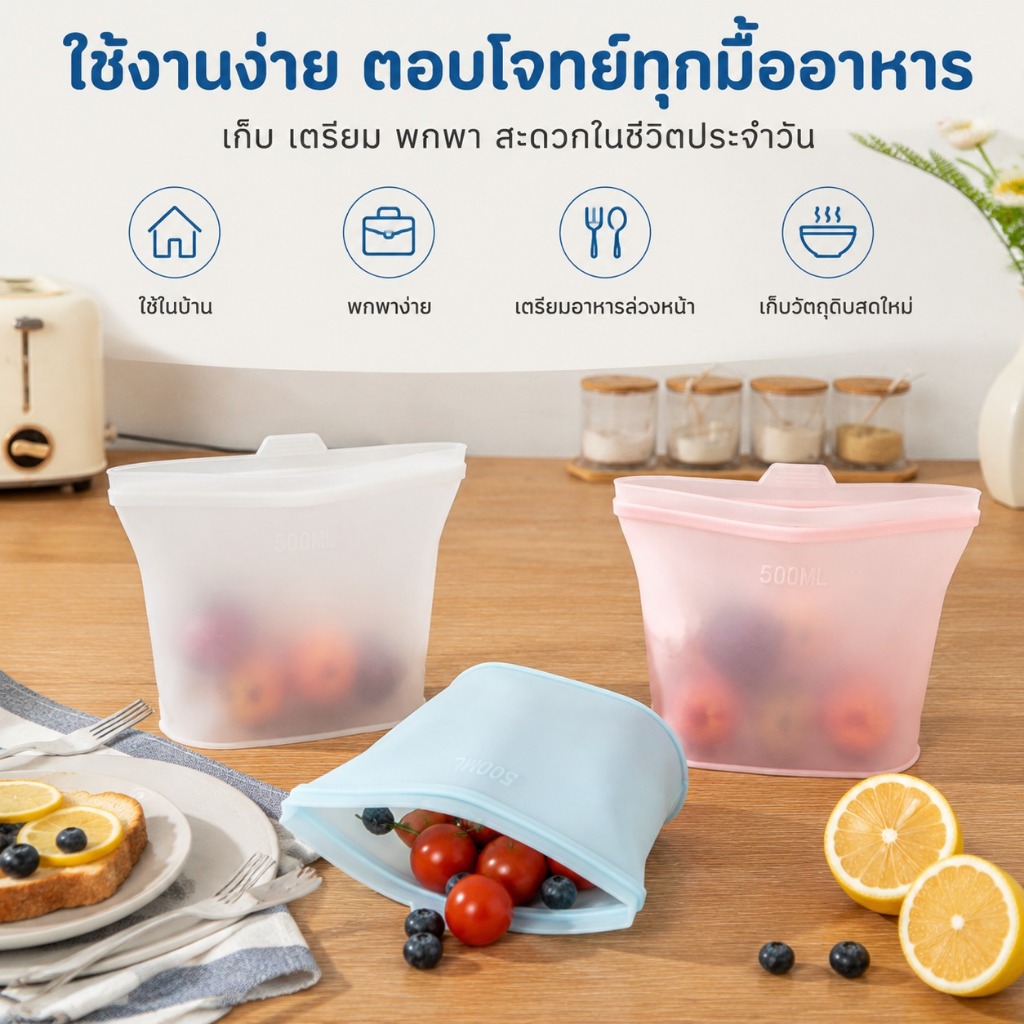 1ชิ้น500มิลลิลิตรซิลิโคนถุงเก็บอาหารนํามาใช้ใหม่ครัวตู้แช่แข็งถุงซิลิโคนอาหารถุงรักษาสดถุง