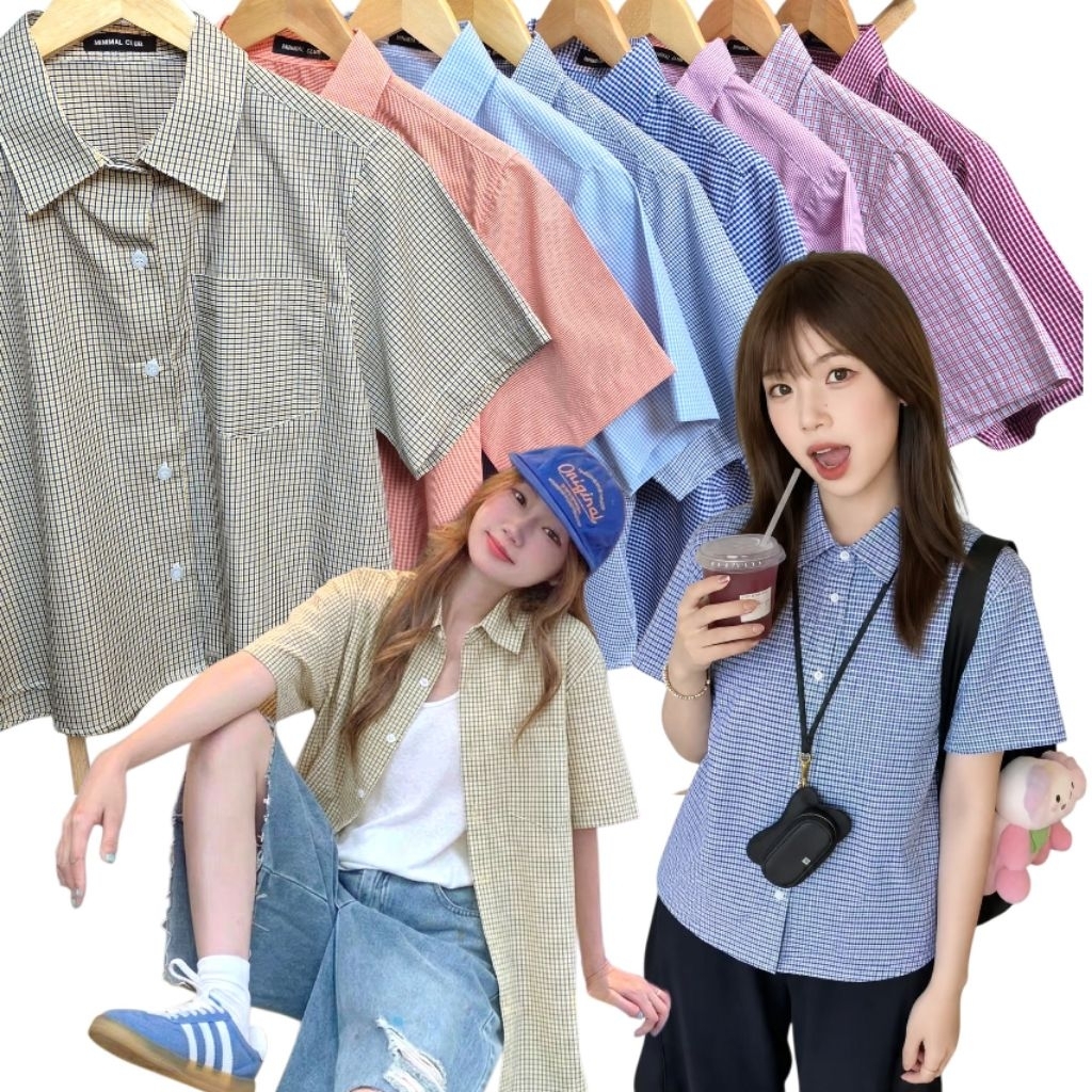 เสื้อเชิ้ตผู้หญิงแขนสั้น ลายสก็อต Scott shirt ผ้าคอตตอน นุ่มลื่น งานไทย พร้อมส่ง