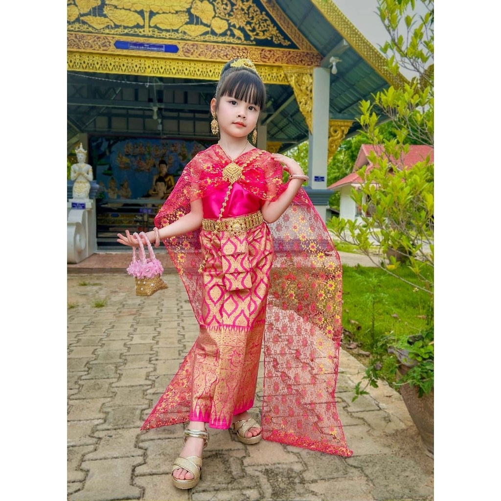 สีบานเย็นชุดไทยวันทอง 3-10 ปีมี 8 ขนาดราคาไม่รวมเครื่องประดับ