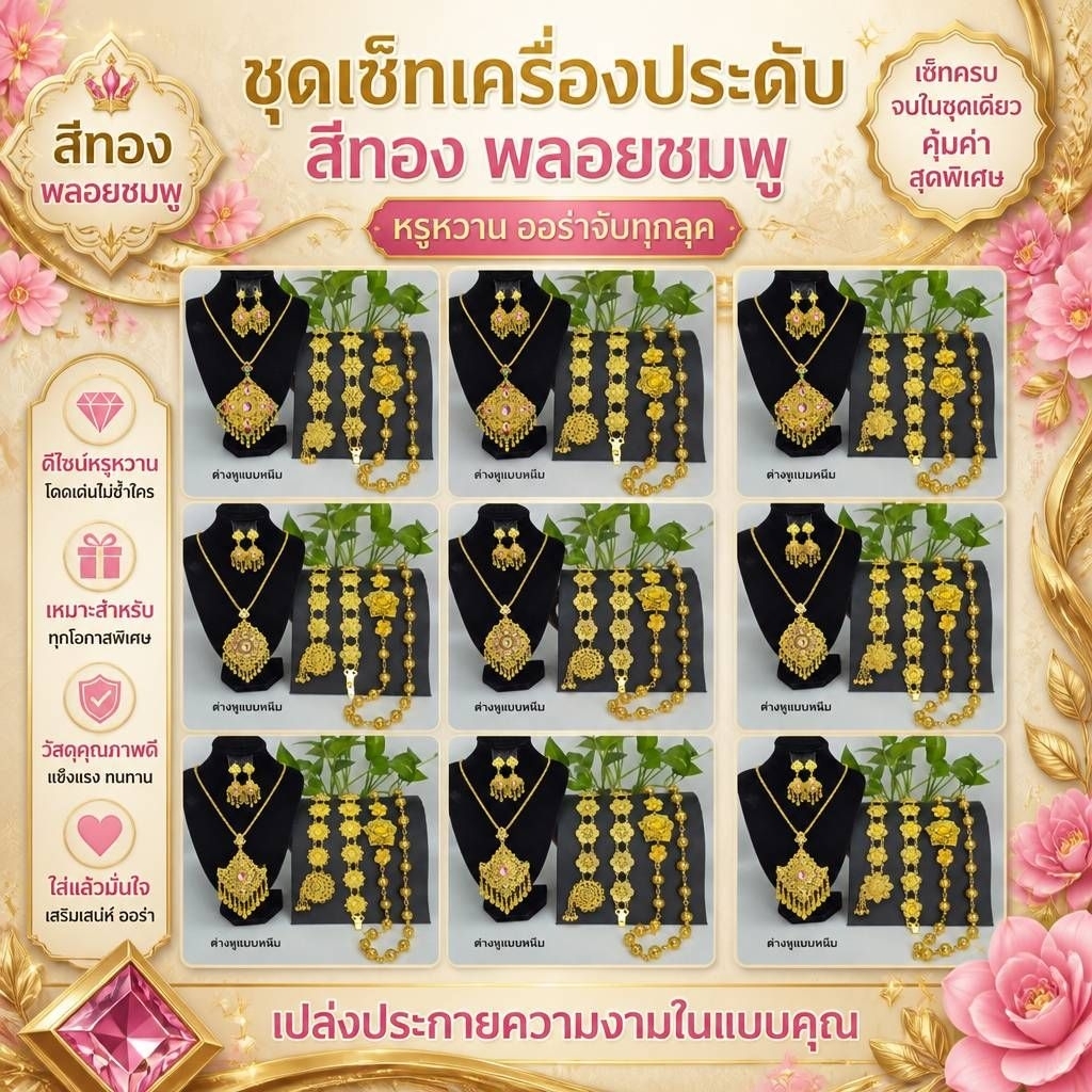ชุดเซ็ทเครื่องประดับสีทอง พลอยชมพู เครื่องประดับชุดไทย สร้อยคอต่างหู เข็มขัด และสังวาลย์