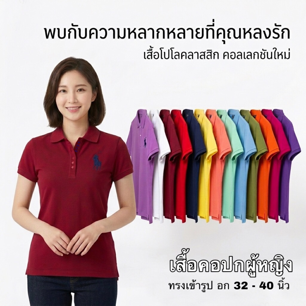 เสื้อโปโล ปักม้า (P) เนื้อผ้า T/C Polyester ผสม cotton พรีเมี่ยม สงไว
