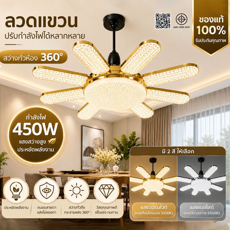หลอดไฟ LED ใบพัด ขั้ว E27 พับได้ ประหยัดไฟ 8+1 แผง ใช้งานยาวนาน 450W แขวนได้ ติดเพดานได้ เหมาะกับทั้งห้องนอนและห้องรับแข