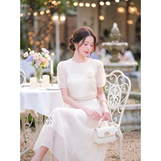 [NITTAYA] D2692 ชุดเดรสกระโปรงยาวสายเดี่ยว+เสื้อคลุมคอกลมแขนสั้นซีทรู แต่งเข็มกลัดดอกไม้