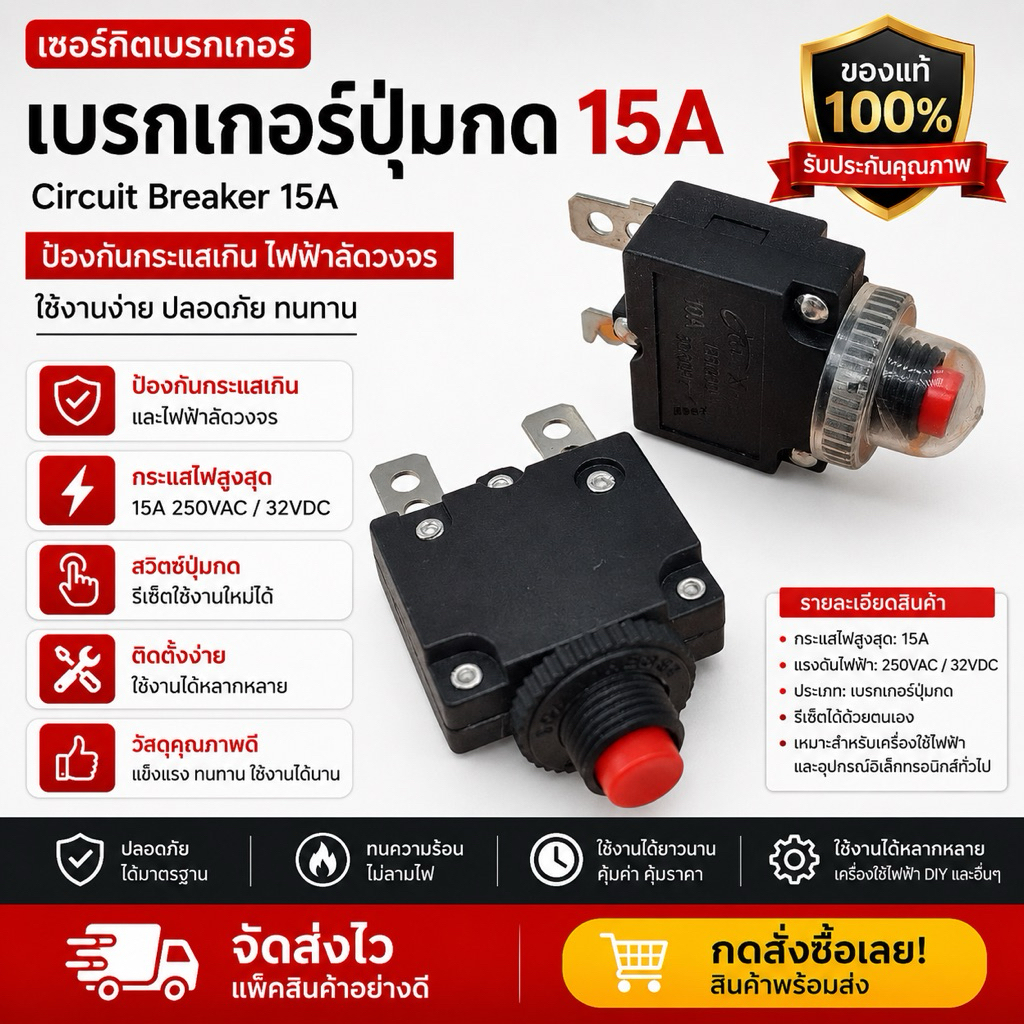 ตัวป้องกันกระแสเกิน 5A/10A/15A/20A/30AMP ปุ่มกดรีเซ็ตสวิทช์แผงเซอร์กิตเบรกเกอร์  หมวกกันน้ำ