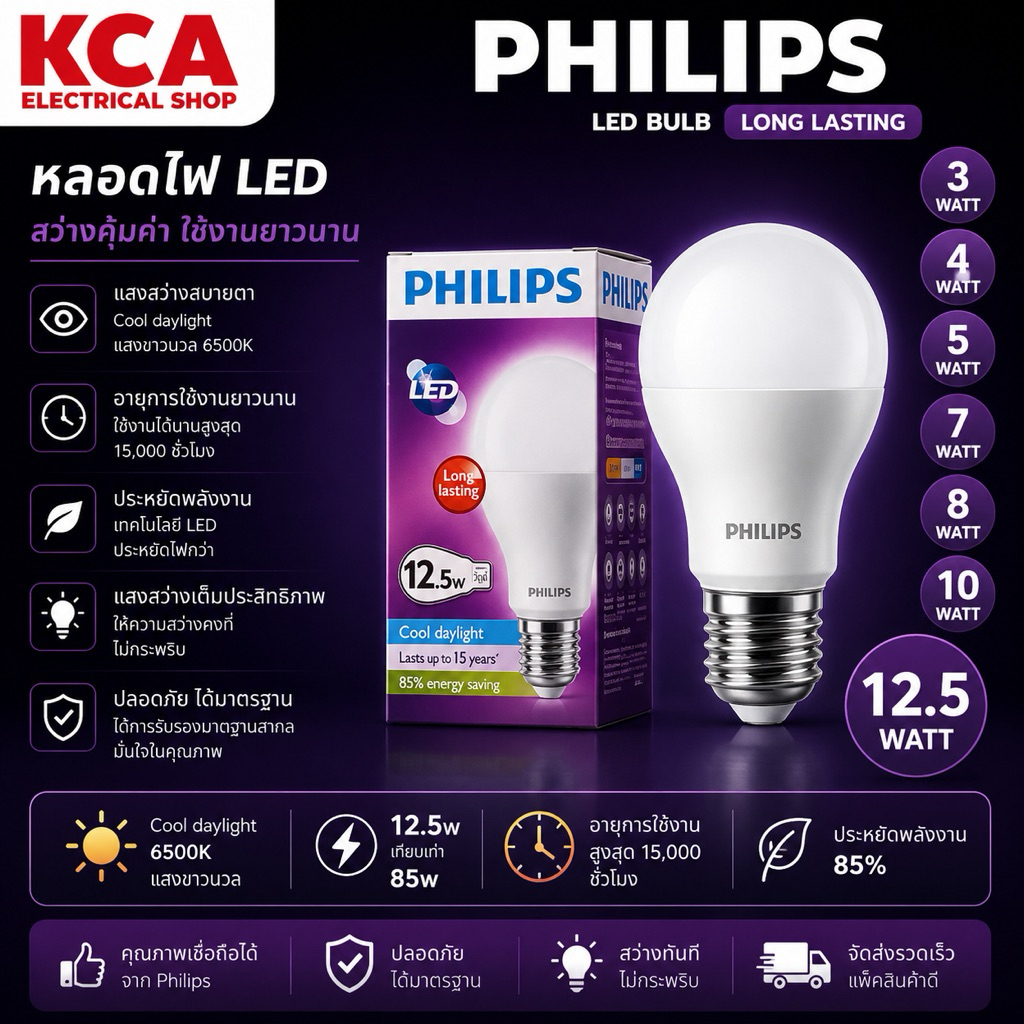 หลอดไฟ Philips LED Bulb รุ่น 3 4 5 7 8 10 12.5W E27 รุ่นเก่า หลอดหนัก อย่างดี วัสดุดีกว่า Long Lasting ใช้ทนนาน