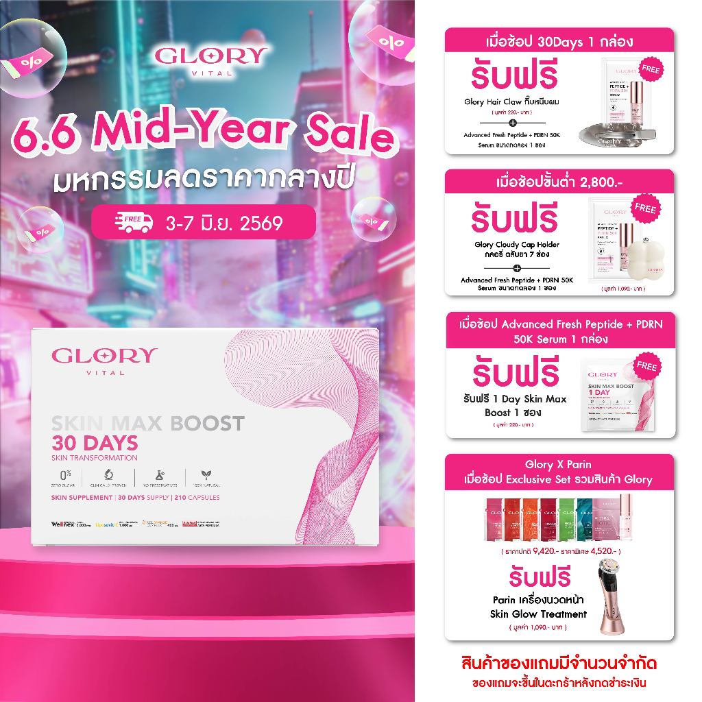 Glory 30DAYS Skin Max Boost วิตามินดริปผิว กลอรี่คอลลาเจน วิตามินซีมะเขือเทศ สารสกัดส้มสีเลือด และแอ