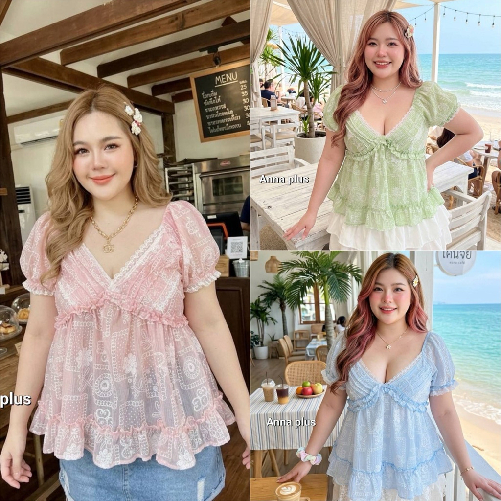a เสื้อคอวีลึกแขนตุ๊กตาผ้าโรซี่ ❤️อก 42-52 นิ้ว ใส่ลูกไม้ระบาย สม็อคหลัง