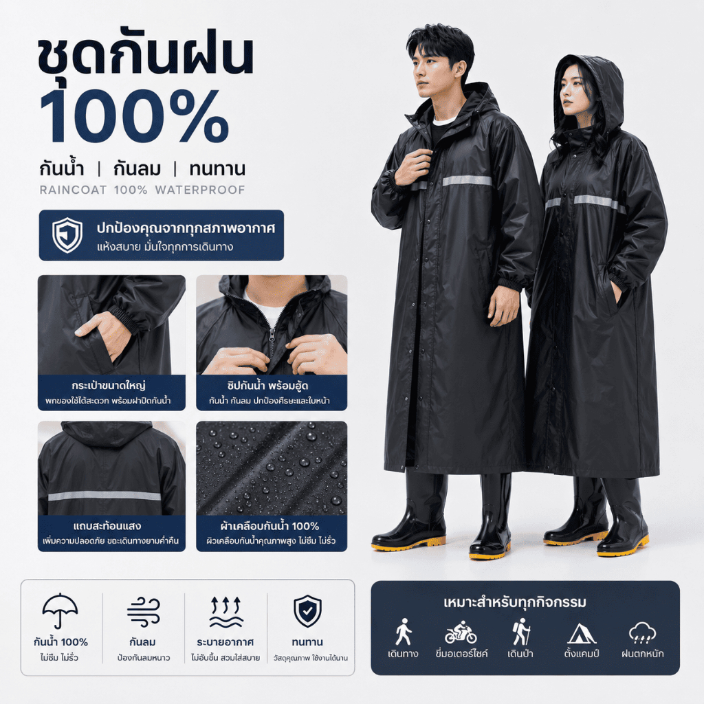 Goooddream  เสื้อกันฝนตัวยาว ยาวเลยเข่า หนาพิเศษ 2 ชั้น มีซิป+กระดุม แถบสะท้อนแสงนิรภัย กันน้ำ 100%