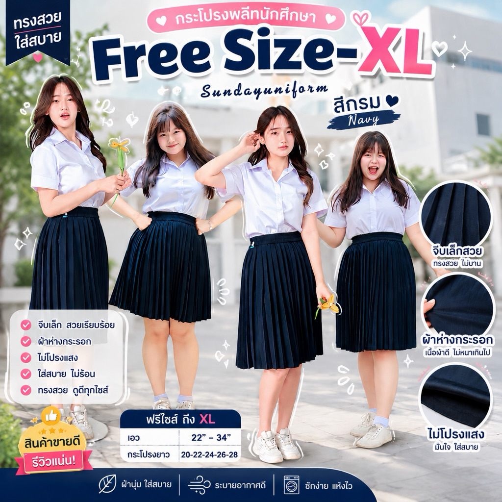 💙กระโปรงพลีทสีกรม กระโปรงนักศึกษา พลีทสีกรมจีบรอบเล็ก มีฟรีไซส์และไซส์XL
