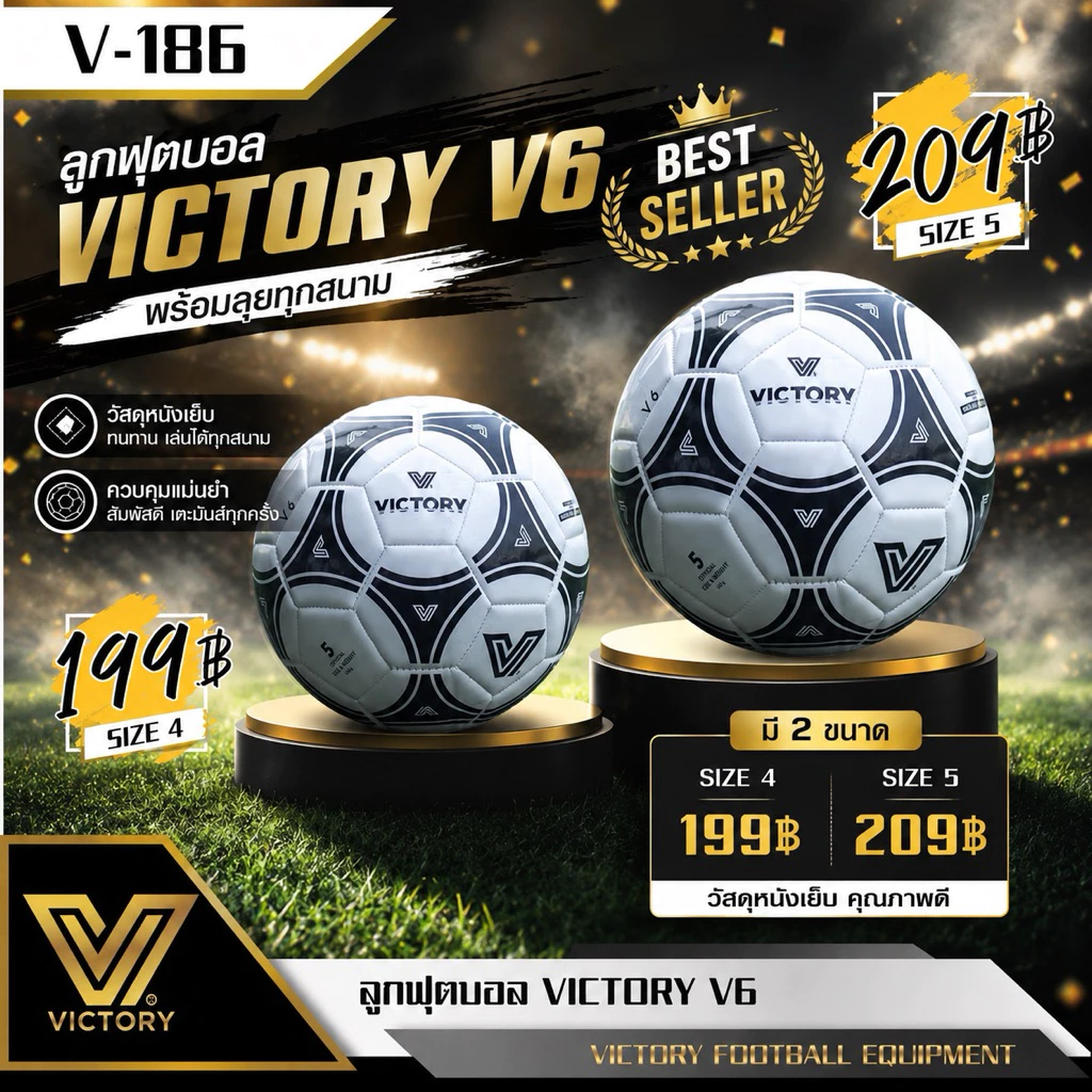 ลูกบอล ลูกฟุตบอล Victory V6 ทนทาน คอนโทลง่าย น้ำหนักมาตรฐาน sz.4 & sz.5 ( มีของพร้อมจัดส่ง )