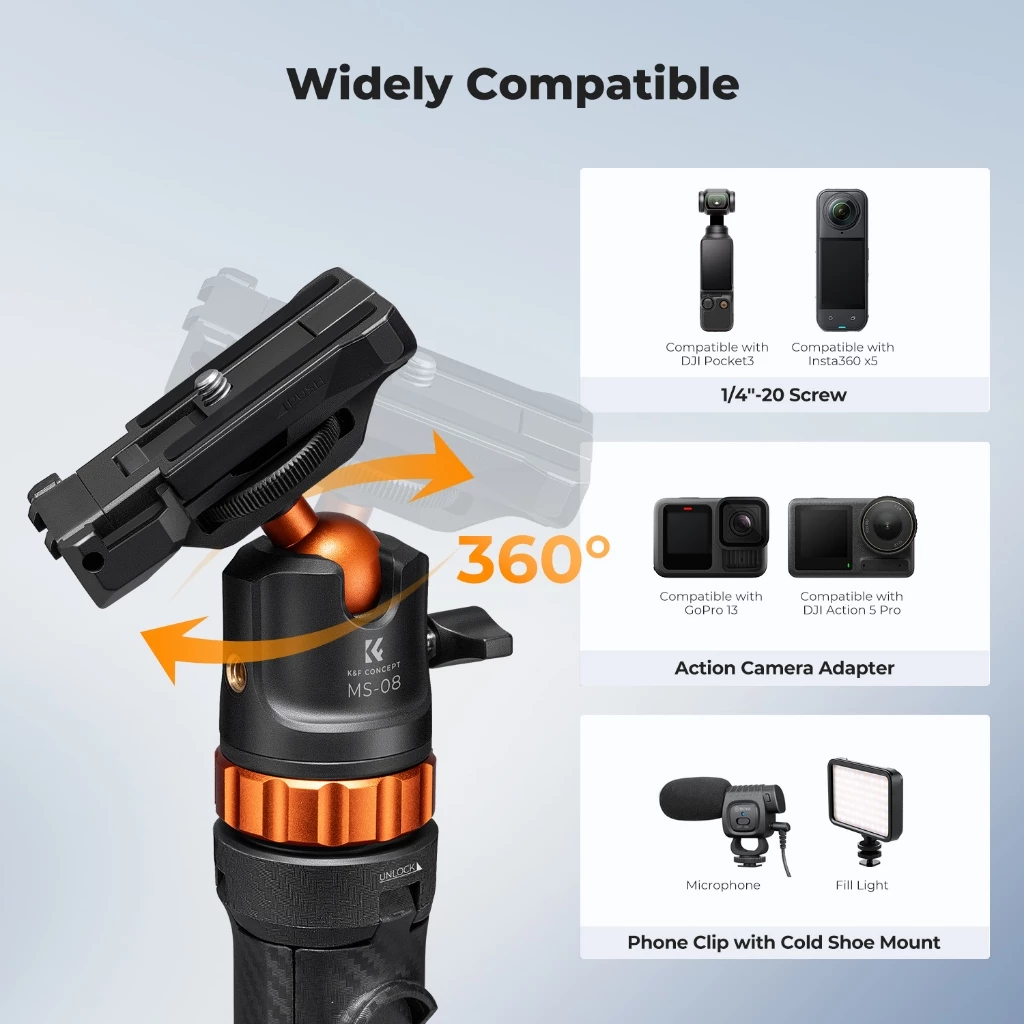 K&F CONCEPT ไม้เซลฟี่ ยืดได้สูง – รองรับ มือถือ, DJI Action, Pocket 3, กล้อง, GoPro, Insta360 thumbnail 5