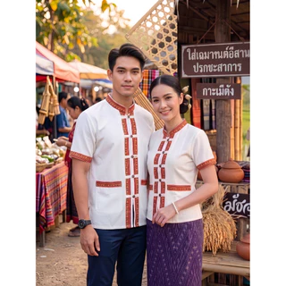 เสื้อพื้นเมืองภูไทชายและหญิงแขนสั้น ผ้าฝ้ายเกรดA เนื้อนุ่มใส่สบาย