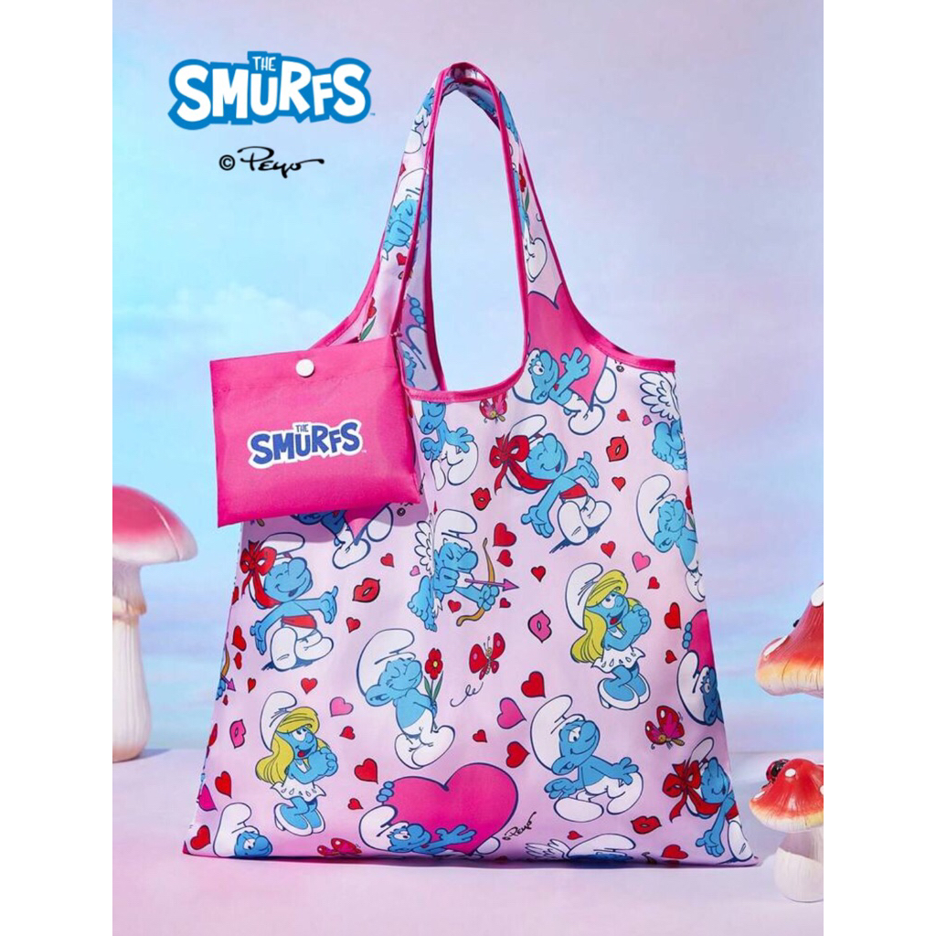 [พร้อมส่ง🇹🇭] ถุงผ้าพับได้ The Smurfs Cute Mushroom Printed Foldable Reusable Shopping Bag