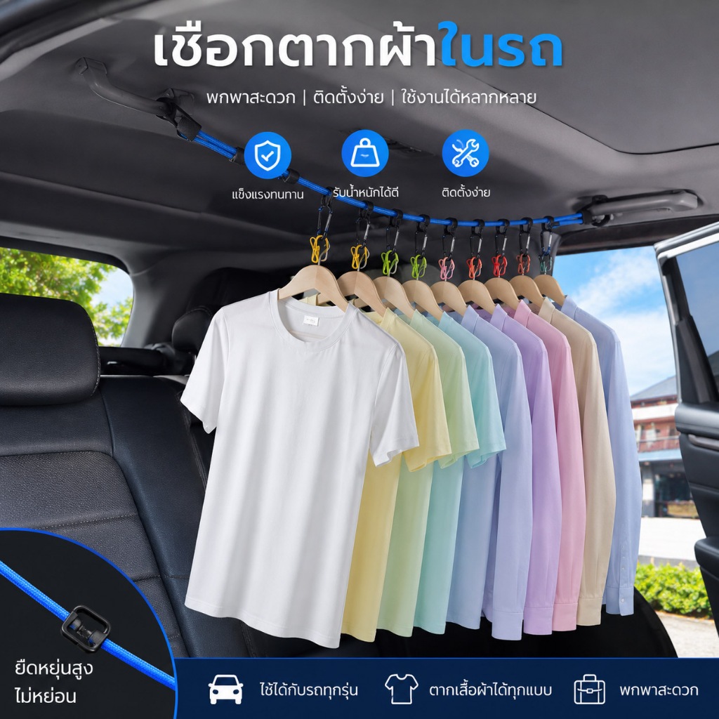 EQUAL ราวตากผ้าพร้อมกิ๊บหนีบผ้า ราวยางยืด อุปกรณ์แขวนผ้าในรถยนต์ สะดวก ใช้งานง่าย ตากผ้าได้ทุกที่ มี 2 สีให้เลือก