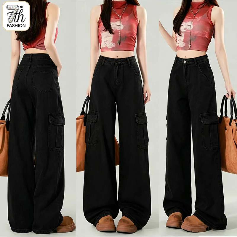 S-5XL Cargo Jeans Women High Waist กางเกงยีนส์กระเป๋าเยอะ ใส่สบาย ผู้หญิง กางเกงเดนิมหญ้า ใส่ได้ทุกโอกาส