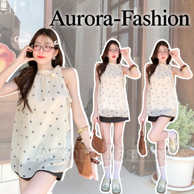 Aurora🛒พร้อมส่ง🚚(รูปถ่ายจากงานจริง) เสื้อไร้แขนคอผูกโบว์ ทรงหลวม สไตล์หวานเกาหลีประจำวัน