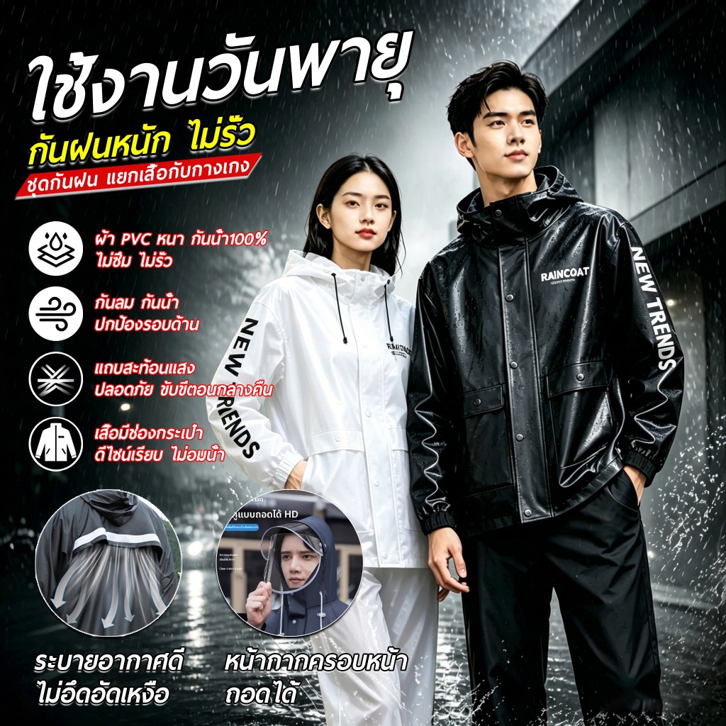 ชุดกันฝน ชุดกันฝนผ้าหนา แถบสะท้อนแสง Waterproof Rain Suit พับเก็บได้ ใส่สบาย กันน้ำ – ขนาด M/L/XL/2XL สินค้าพร้อมส่ง