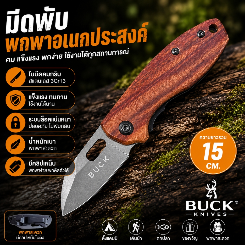 มีดพก  BUCK-DA101 14.5cm มีดอเนกประสงค์ ขนาด folding knife  มีความแข็งแรงสูง ใบมีดคมๆพวงกุญแจมีด ด้ามไม้