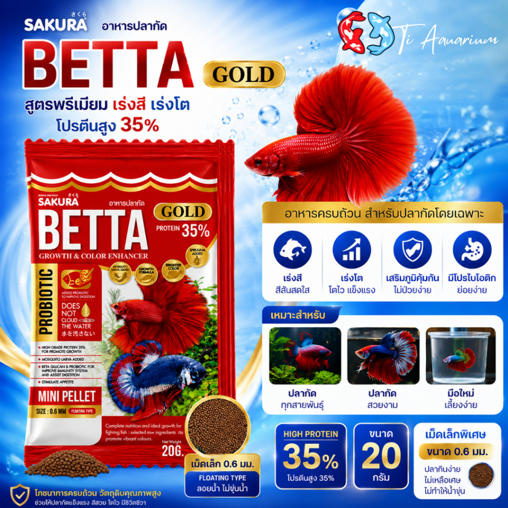 อาหารปลากัดซากุระ SAKURA Betta ขนาด 20 กรัม  (แพคเกจใหม่ล่าสุด)