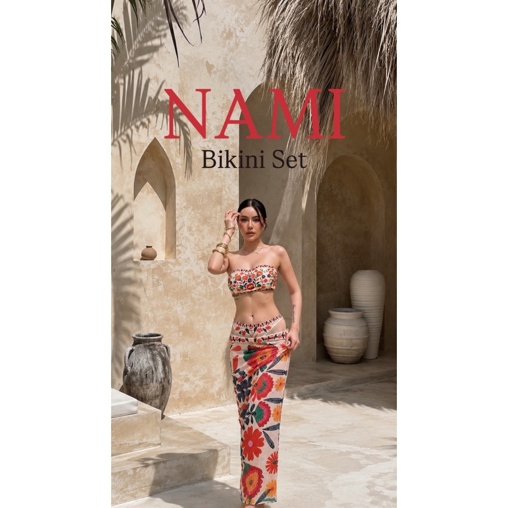 เซ็ทเกาะอกกระโปรงดอกส้ม [450฿] Nami bikini set 3 ชิ้นเกาะอก+ กางเกง+กระโปรงซีทรู