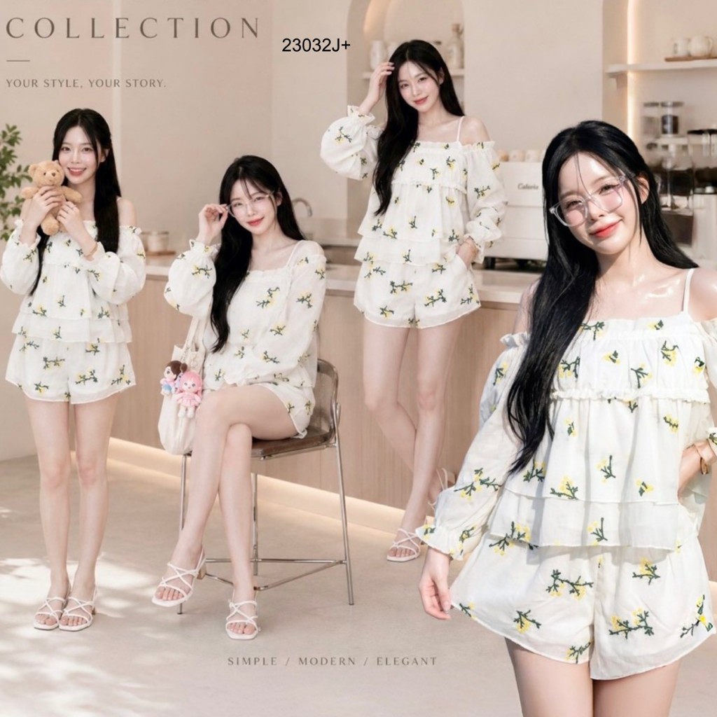 Set 2 ชิ้น เสื้อสายเดี่ยว แขนยาวปักลาย กางเกงขาสั้นปักลาย TT23032