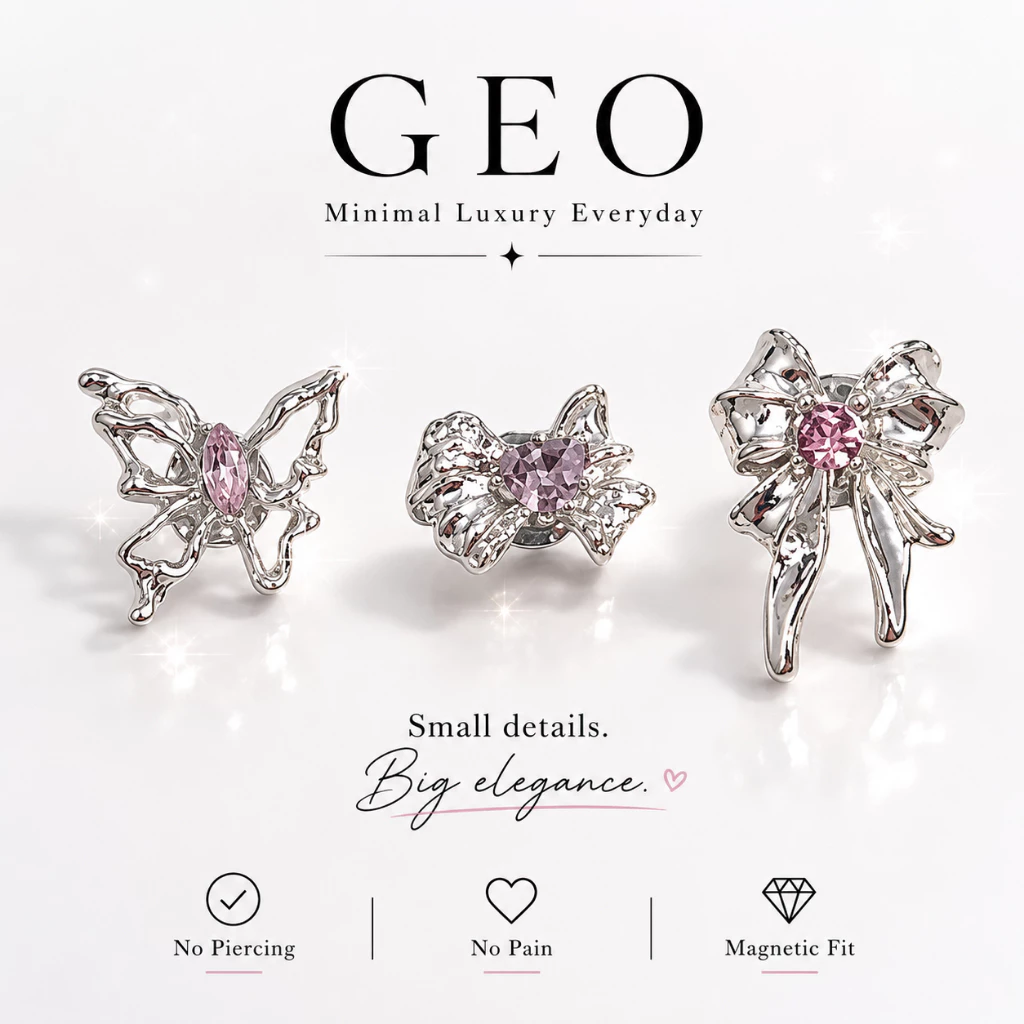 GEO ต่างหูแม่เหล็ก FAIRY KNOT COLLECTION | Butterfly Pink / Heart Bow Pink / Princess Bow Pink | No Piercing Magnetic Ea