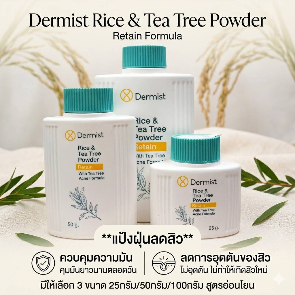 Dermist แป้งฝุ่นทีทรีลดสิว Rice & Tea Tree Powder คุมมัน กันแดด เนียนละเอียด ลดสิวอุดตัน เดอร์มิสท์