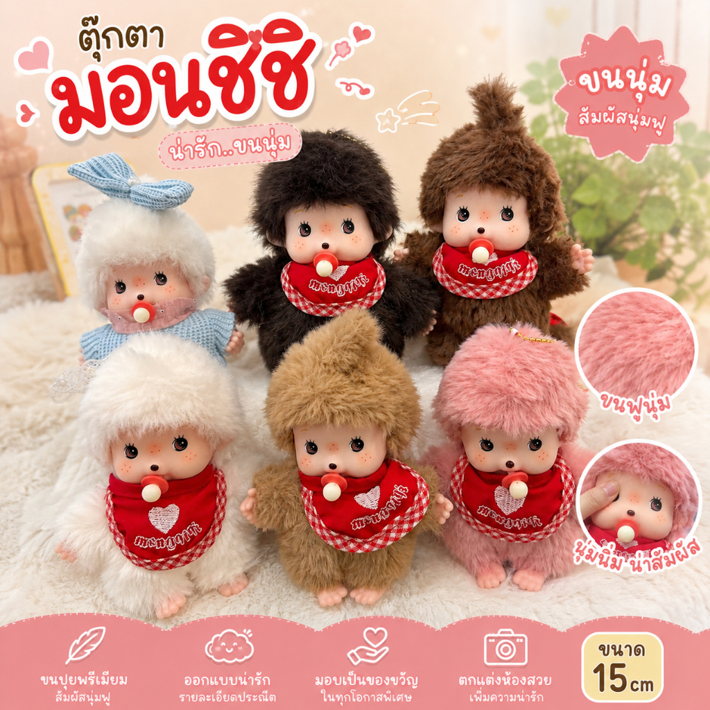 🧸Monchhichi ตัวใหม่‼️ ตุ๊กตาลิงห้อยกระเป๋า นุ่มพิเศษ หน้าคอมแพ็ค พวงกุญแจการ์ตูน🍼