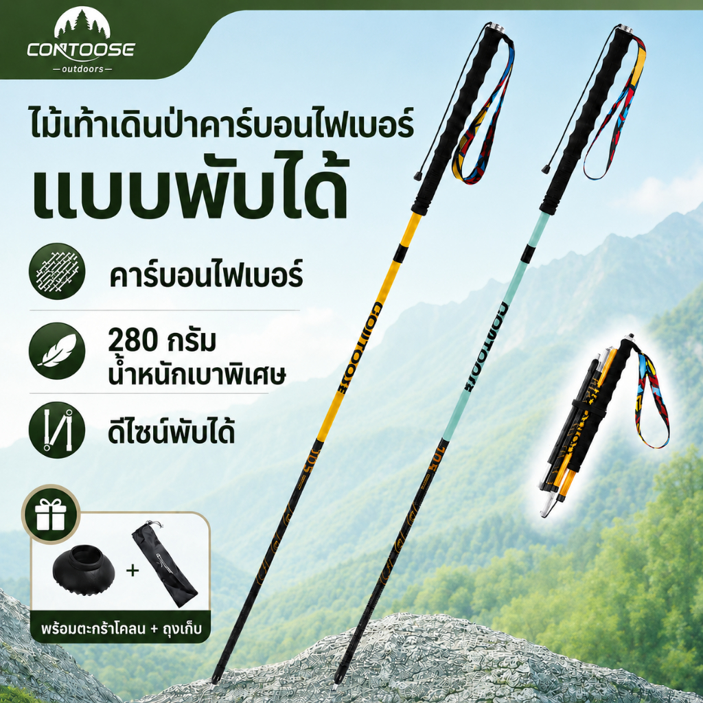 ไม้เท้าเดินป่าคาร์บอนไฟเบอร์แบบพับได้เหมาะสําหรับการเดินทางและการผจญภัยกลางแจ้ง