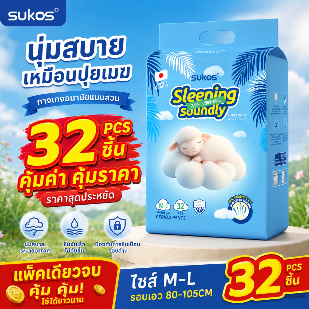 Sukos (32 ชิ้น)ผ้าอนามัยแบบกางเกง M/L/XL ผ้าอนามัยกางเกง รุ่นบางเบาระบายอากาศดี นุ่ม และสบาย ใส่หลังคลอดได้ ผ้าอนามัยหล