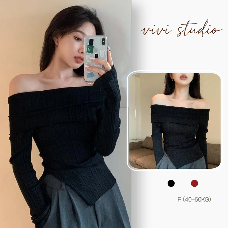 เสื้อแขนยาวสีพื้นผู้หญิง ปาดไหล่ ทรงเข้ารูป ใส่ได้ทุกชุด สไตล์เกาหลี ใส่สบายระบายอากาศดี