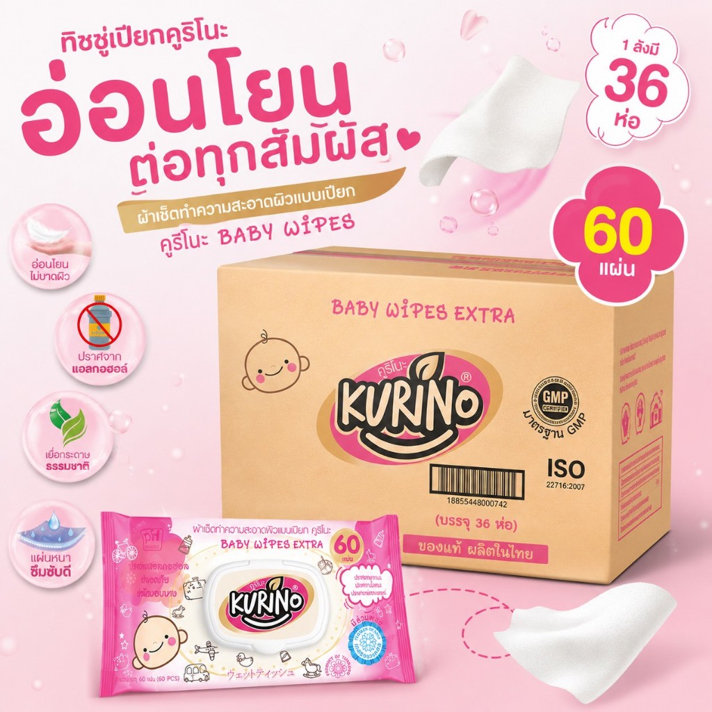[ยกลัง] ทิชชูเปียกคูริโนะ(สีชมพู) Baby Wipes Extra ไร้กลิ่น (1ลัง มี 36 แพ็ค) พร้อมส่ง